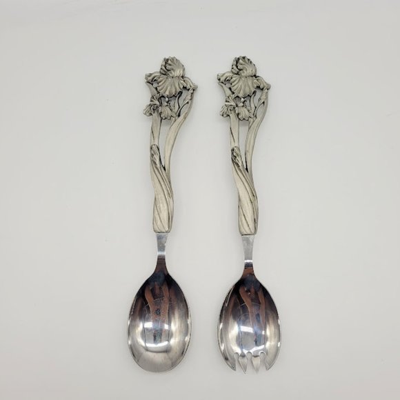 NIB Vintage 1994 Seagull Pewter Canada Sheffield England Iris Salad Serving Set - Picture 2 of 11